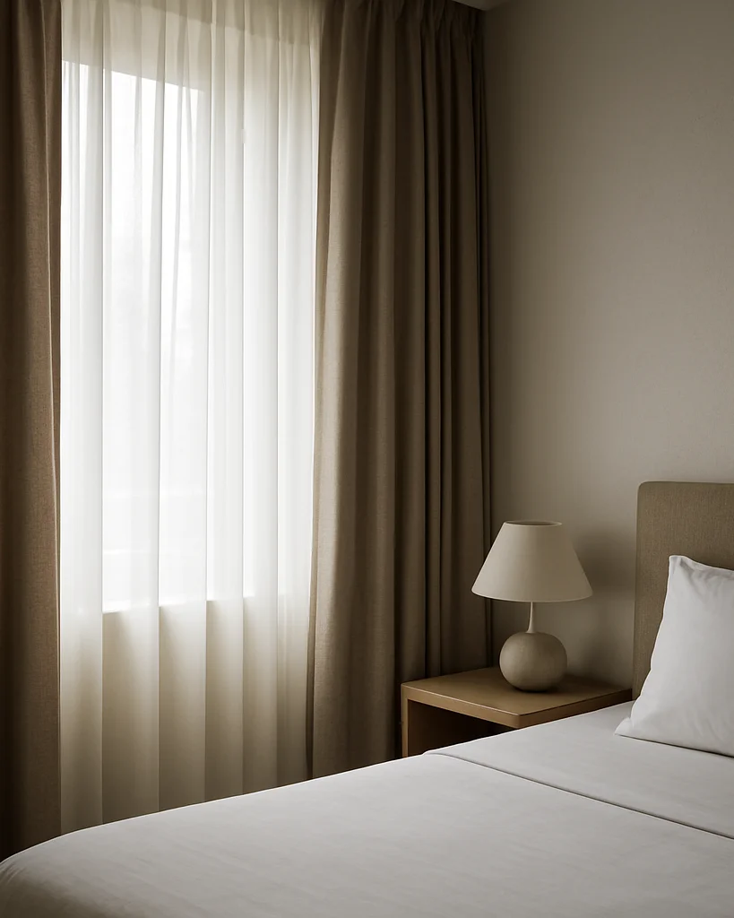 Sfeerbeeld van zacht vallende gordijnen in een rustige hotelkamer