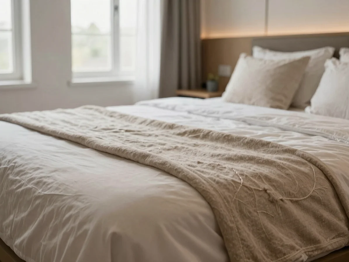 Zacht daglicht op een rustig neutraal hotelkamerraam met een half